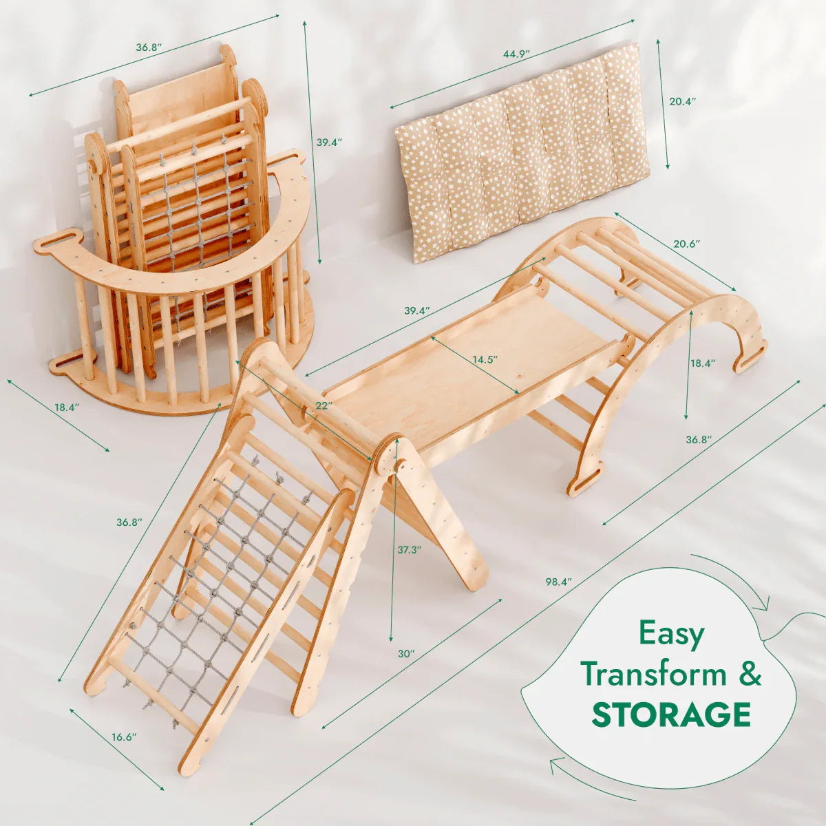 5in1 Montessori Climbing Set: Triangle Ladder + Arch/Rocker + Slide Board/Ramp + Netting rope + Cushion - BIG FRENCHIES