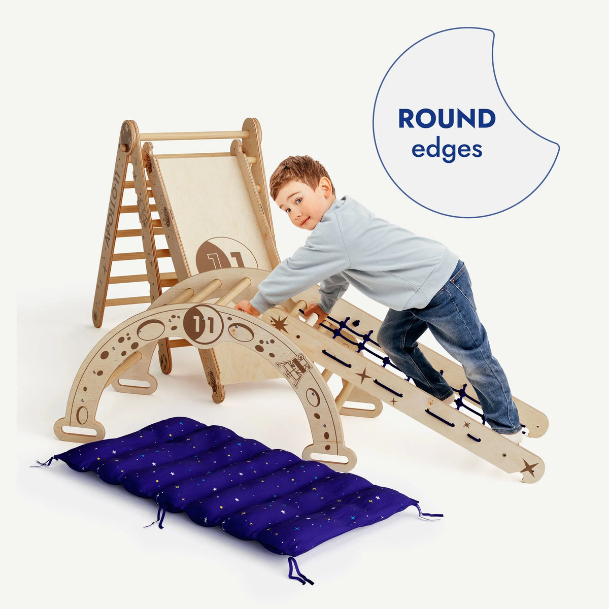 Apollo 5in1 Climbing Set: Pikler Triangle, Net, Arch, Slide Board, and Cushion for Little Astronauts - BIG FRENCHIES
