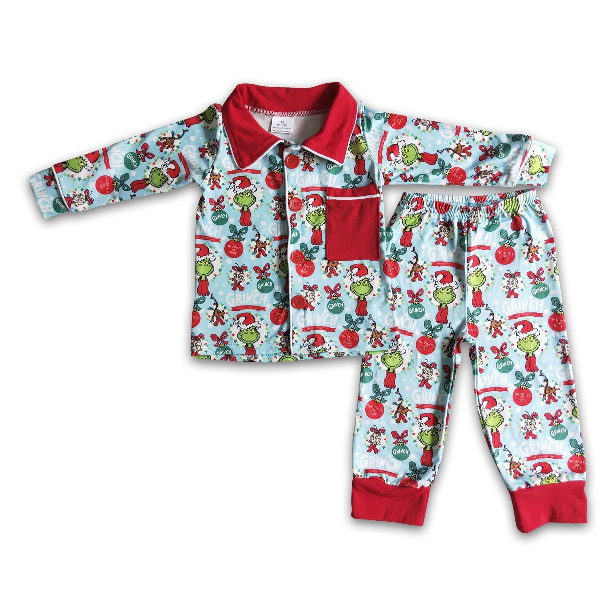 Blue green face print pocket boy Christmas pajamas - BIG FRENCHIES