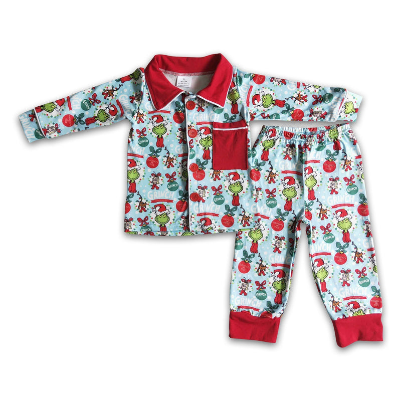 Blue green face print pocket boy Christmas pajamas - BIG FRENCHIES