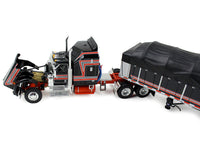 Kenworth W900A with 60" Aerodyne Sleeper and 53’ Wilson Roadbrute Flatbed Trailer with Covered Wagon Black with Red Stripes 1/64 Diecast Model by DCP/First Gear