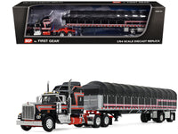 Kenworth W900A with 60" Aerodyne Sleeper and 53' Wilson Roadbrute Flatbed Trailer with Covered Wagon Black with Red Stripes 1/64 Diecast Model by DCP/First Gear
