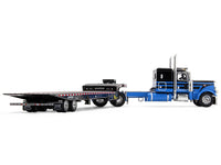 Peterbilt 389 with 48" Flat Top Sleeper and Landoll 440B-50CA Traveling Axle Trailer Black with Blue Stripes 1/64 Diecast Model by DCP/First Gear