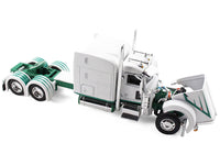 Peterbilt 389 with 63" Mid-Roof Sleeper and 53' Utility Trailer White with Green Stripes 1/64 Diecast Model by DCP/First Gear