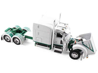 Peterbilt 389 with 63" Mid-Roof Sleeper and 53' Utility Trailer White with Green Stripes 1/64 Diecast Model by DCP/First Gear