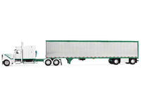 Peterbilt 389 with 63" Mid-Roof Sleeper and 53' Utility Trailer White with Green Stripes 1/64 Diecast Model by DCP/First Gear