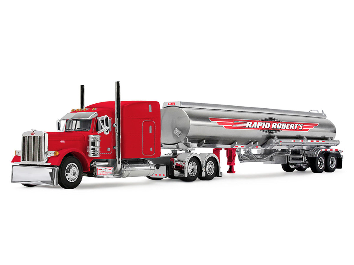 Peterbilt 379 with 63" Mid-Roof Sleeper and Heil Fuel Tank Trailer "Rapid Roberts" Red 1/64 Diecast Model by DCP/First Gear
