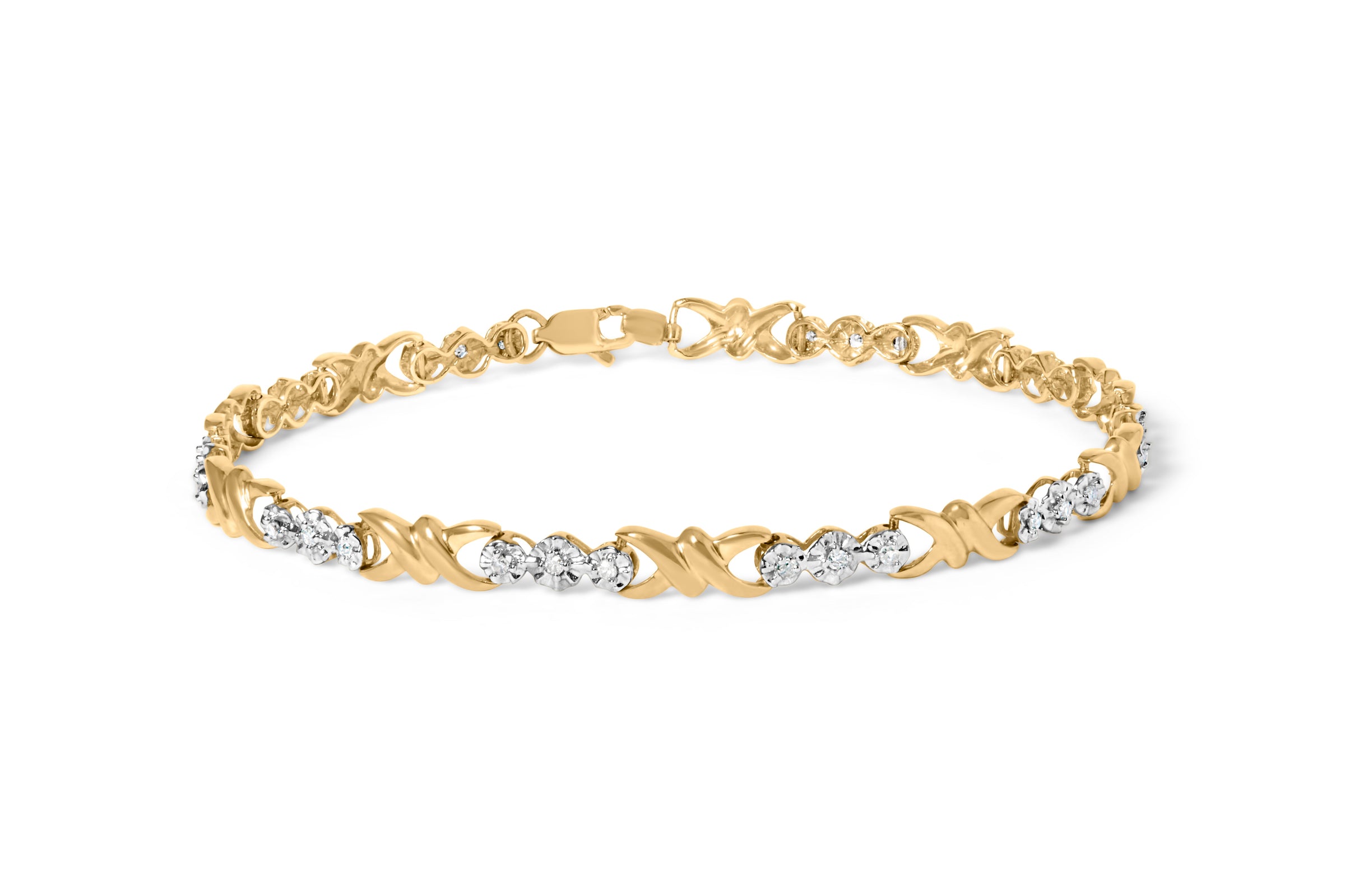 10k Yellow Gold 1/3 Cttw Diamond 3 Stone and X-Link Bracelet (I-J Color, I1-I2 Clarity) - 7.50" Inches