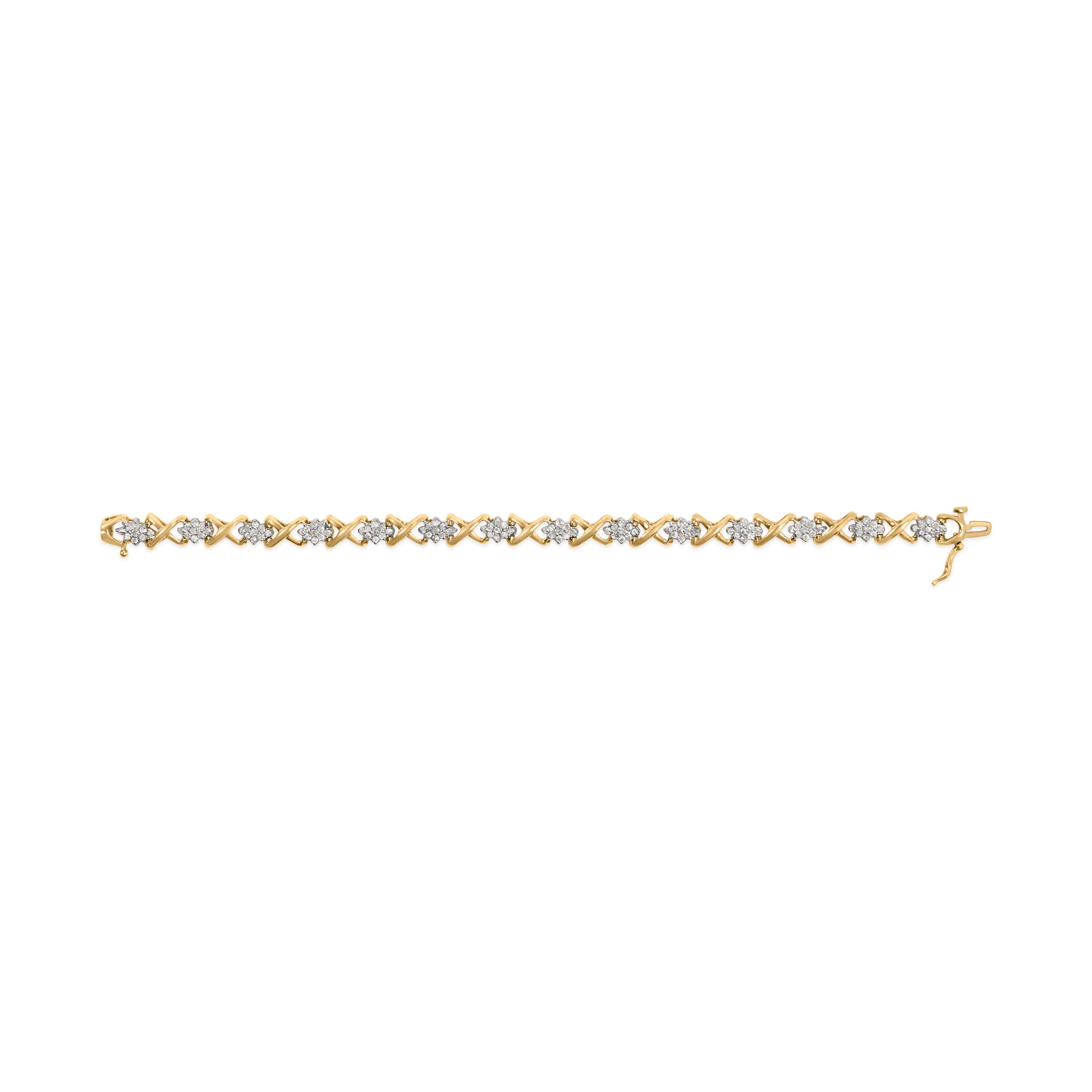 10k Yellow Gold 2.00 Cttw Diamond Cluster and Alternating "X" Link Bracelet (I-J Color, I3 Clarity) - 7"