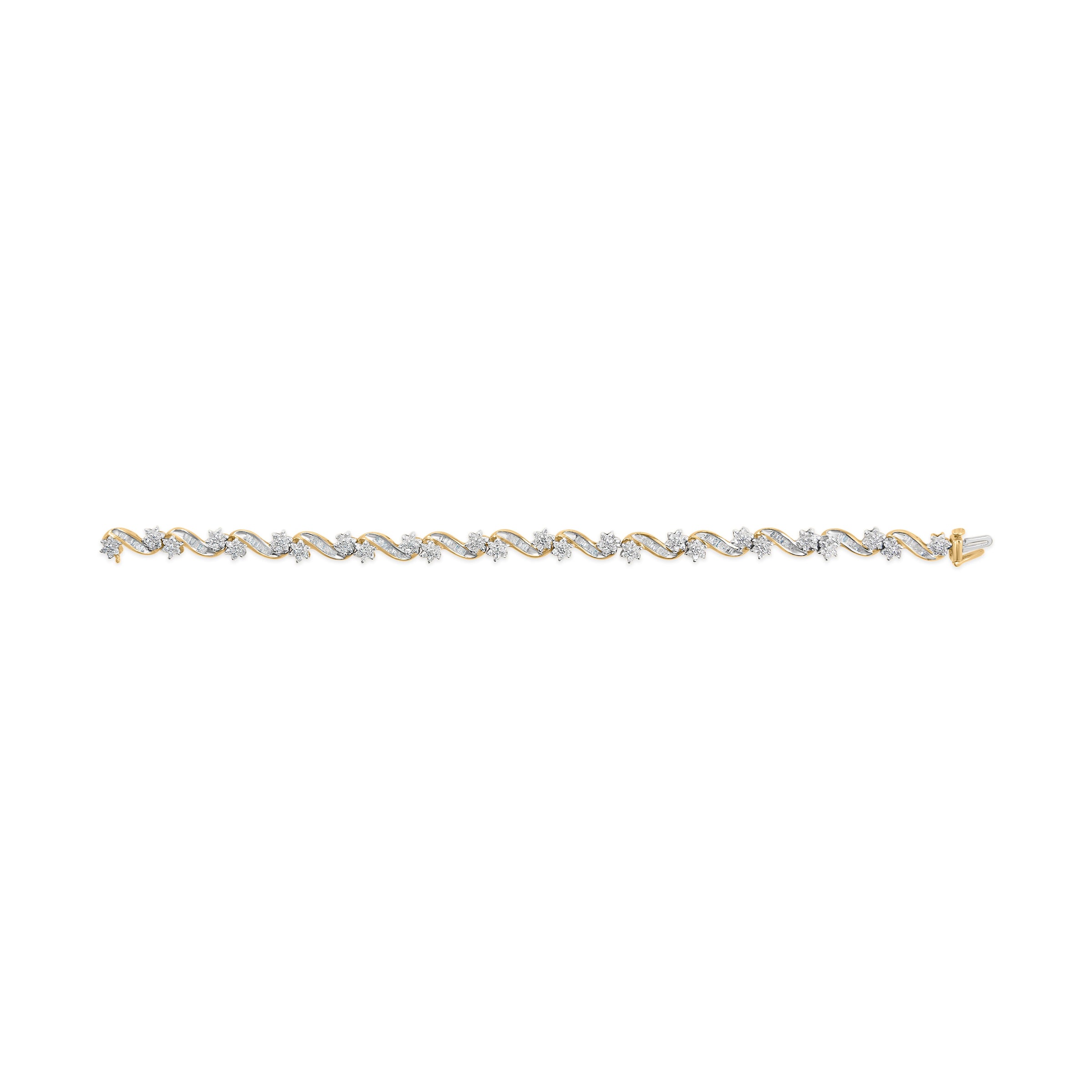 10k Yellow Gold 3.00 Cttw Round-Cut and Baguette-Cut Floral Link 7.25" Bracelet (I-J Color, I1-I2 Clarity)