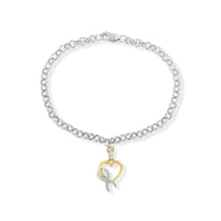 10K Yellow Gold 1/10 Cttw Diamond Awareness Ribbon & Heart Charm on 7" .925 Sterling Silver Rolo Bracelet (H-I Color, I1-I2 Clarity)