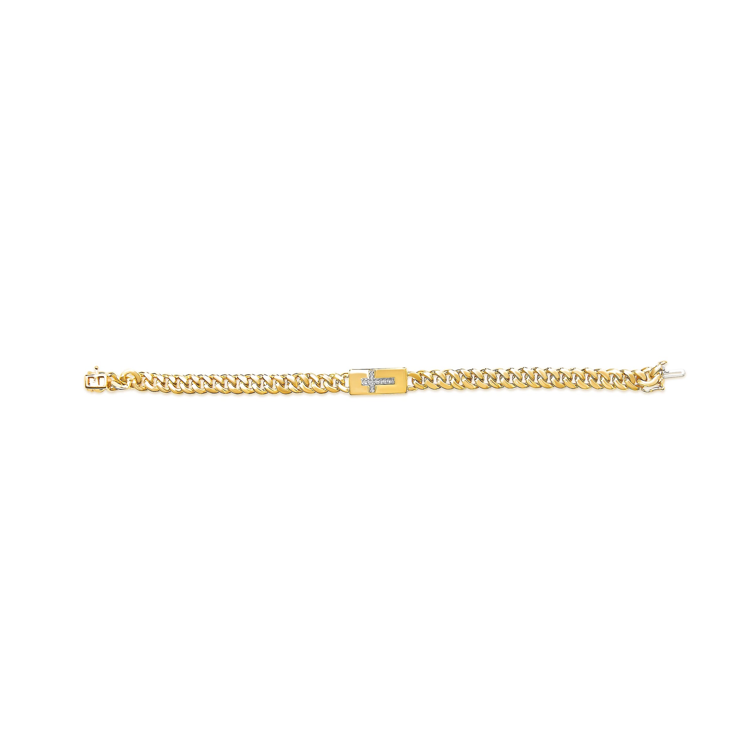 14K Yellow Gold Plated .925 Sterling Silver Diamond Accent Inlaid Cross Cuban Link Bracelet (I-J Color, I3 Clarity)-  7.25"