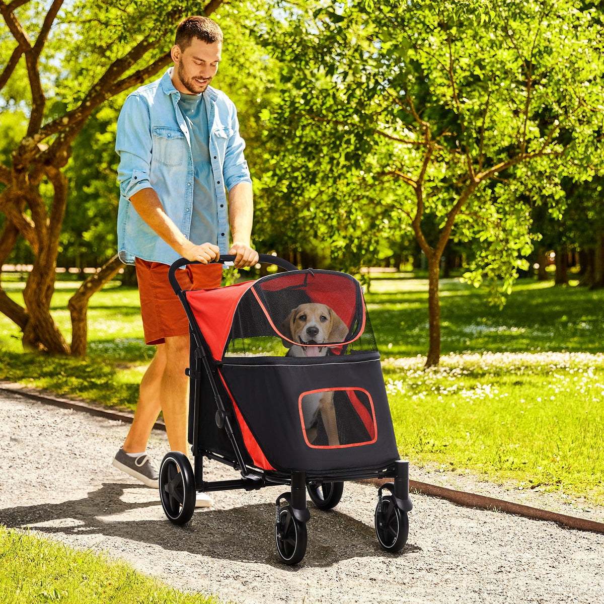 Dog Stroller for Large Medium Small Dogs up to 66 Lbs. 23.5" in Body Length, One-Click Foldable Pet Cat Stroller with St