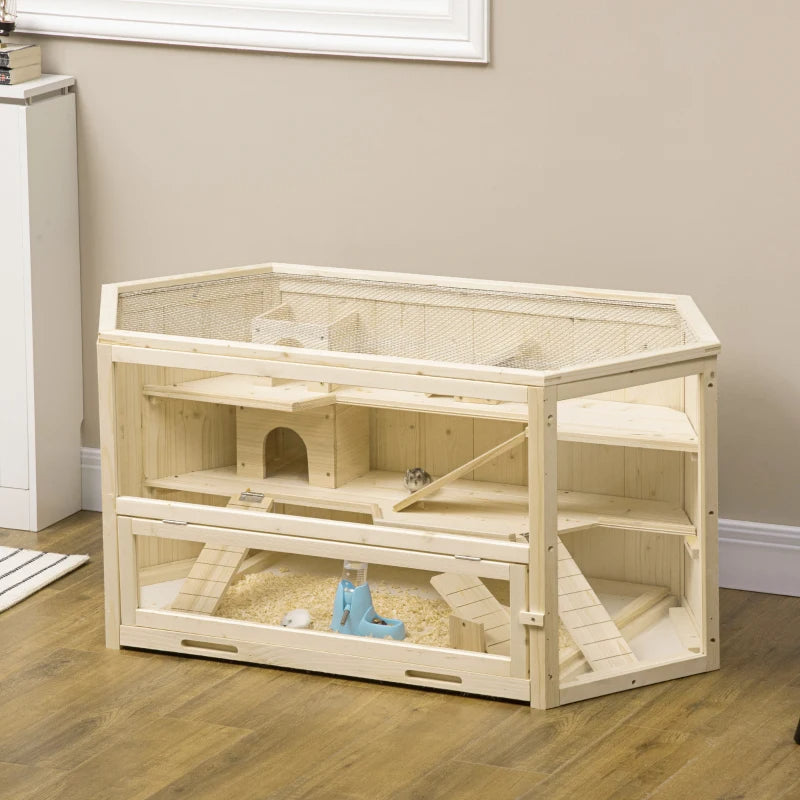Wooden Large Hamster Cage Small Animal Exercise Play House 3 Tier With Tray, Seesaws, Water Bottle, Activity Center, Nat