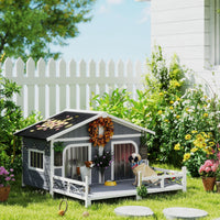 Dog House Outdoor, Wooden Dog Kennel Weatherproof with Porch, Openable Roof, Removable Bottom, Elevated Floor, Double Ro