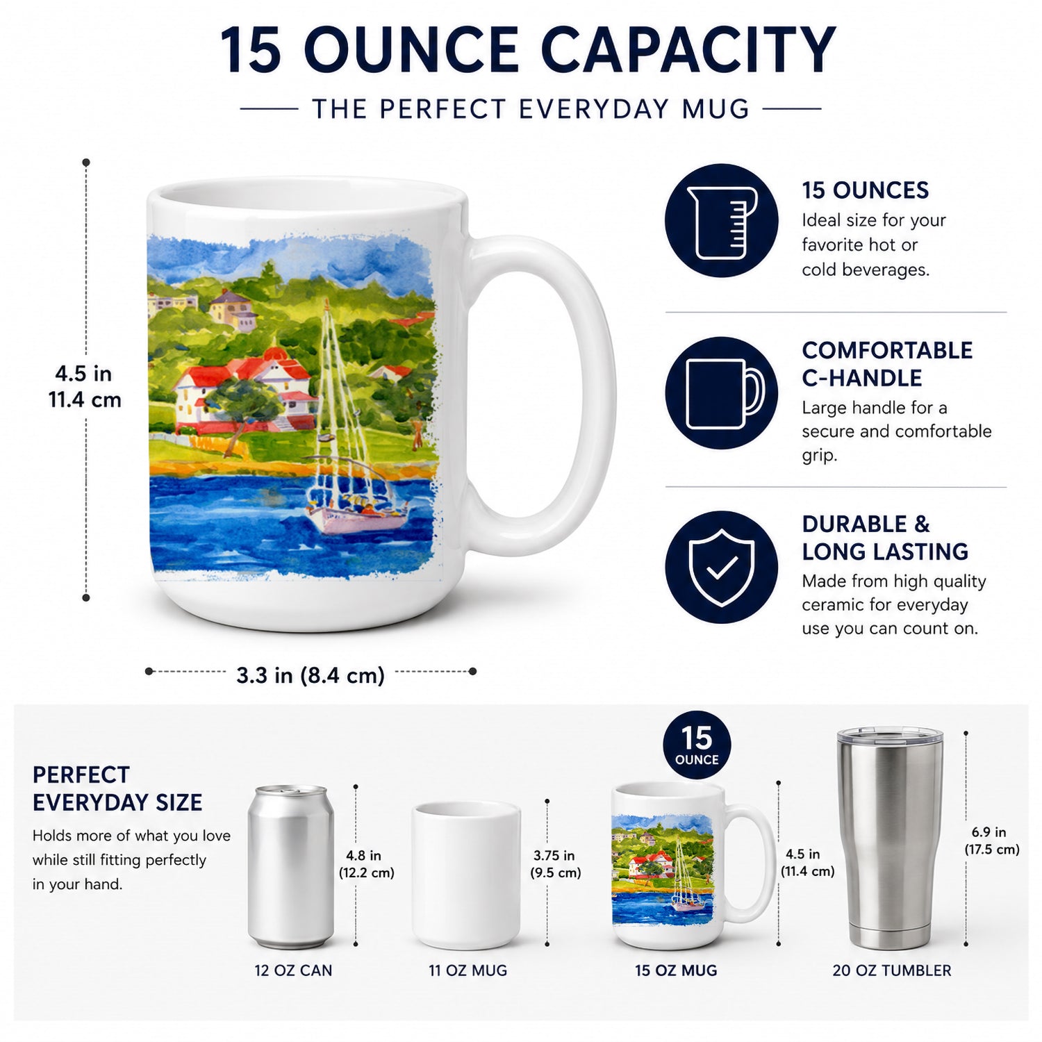 Harbour Scene with Sailboat Ceramic Coffee Mug 15 oz Decorative Large C Handle Mug Cup for Tea, Cocoa Hot Chocolate