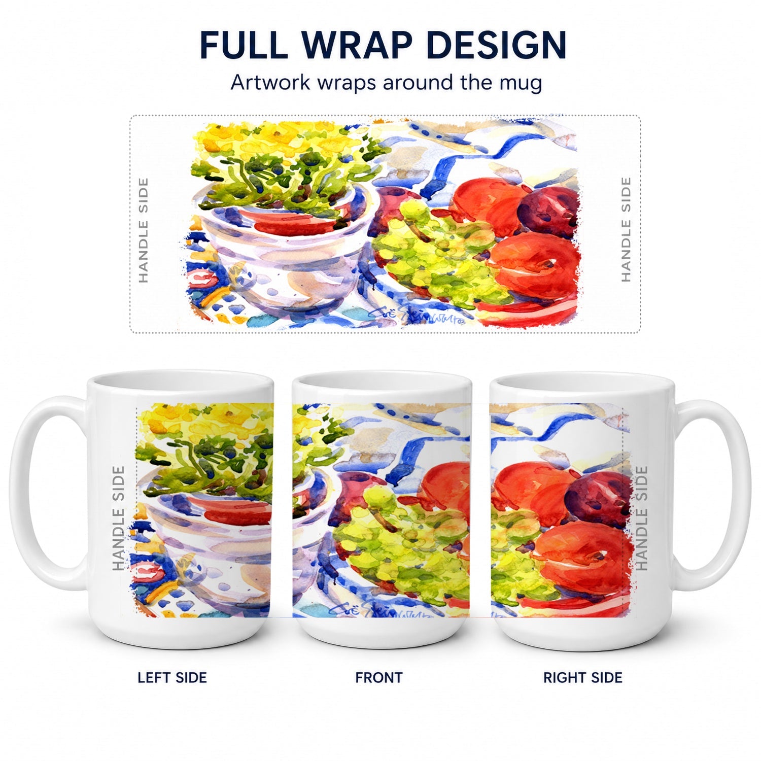 Apples, Plums and Grapes with Flowers Ceramic Coffee Mug 15 oz Decorative Large C Handle Mug Cup for Tea, Cocoa Hot Chocolate