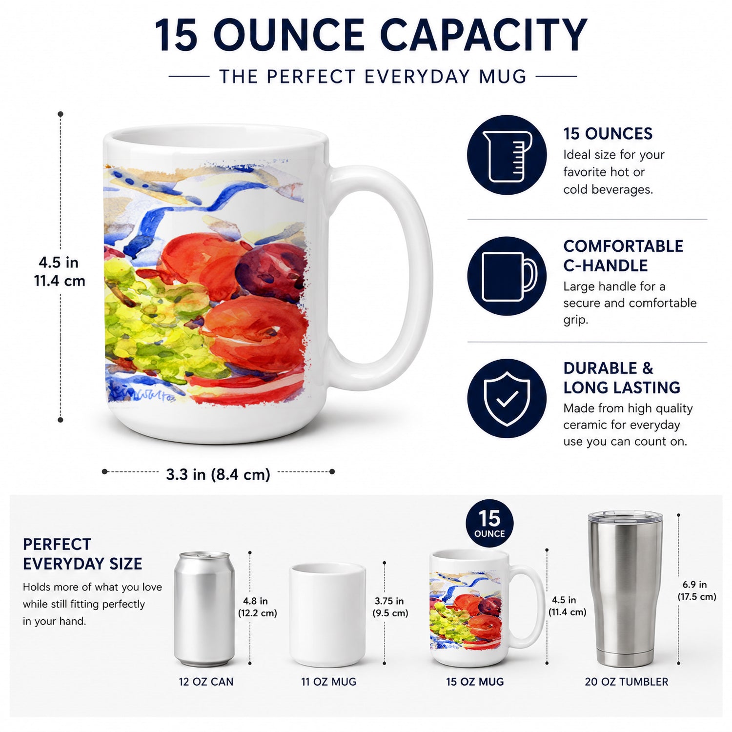 Apples, Plums and Grapes with Flowers Ceramic Coffee Mug 15 oz Decorative Large C Handle Mug Cup for Tea, Cocoa Hot Chocolate