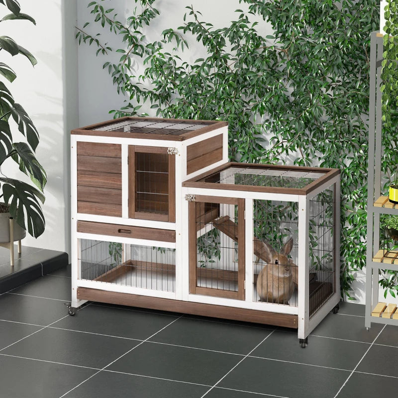 PawHut Wooden Rabbit Hutch Elevated Bunny Cage Indoor Small Animal Habitat With Enclosed Run With Wheels, Ramp, Removabl