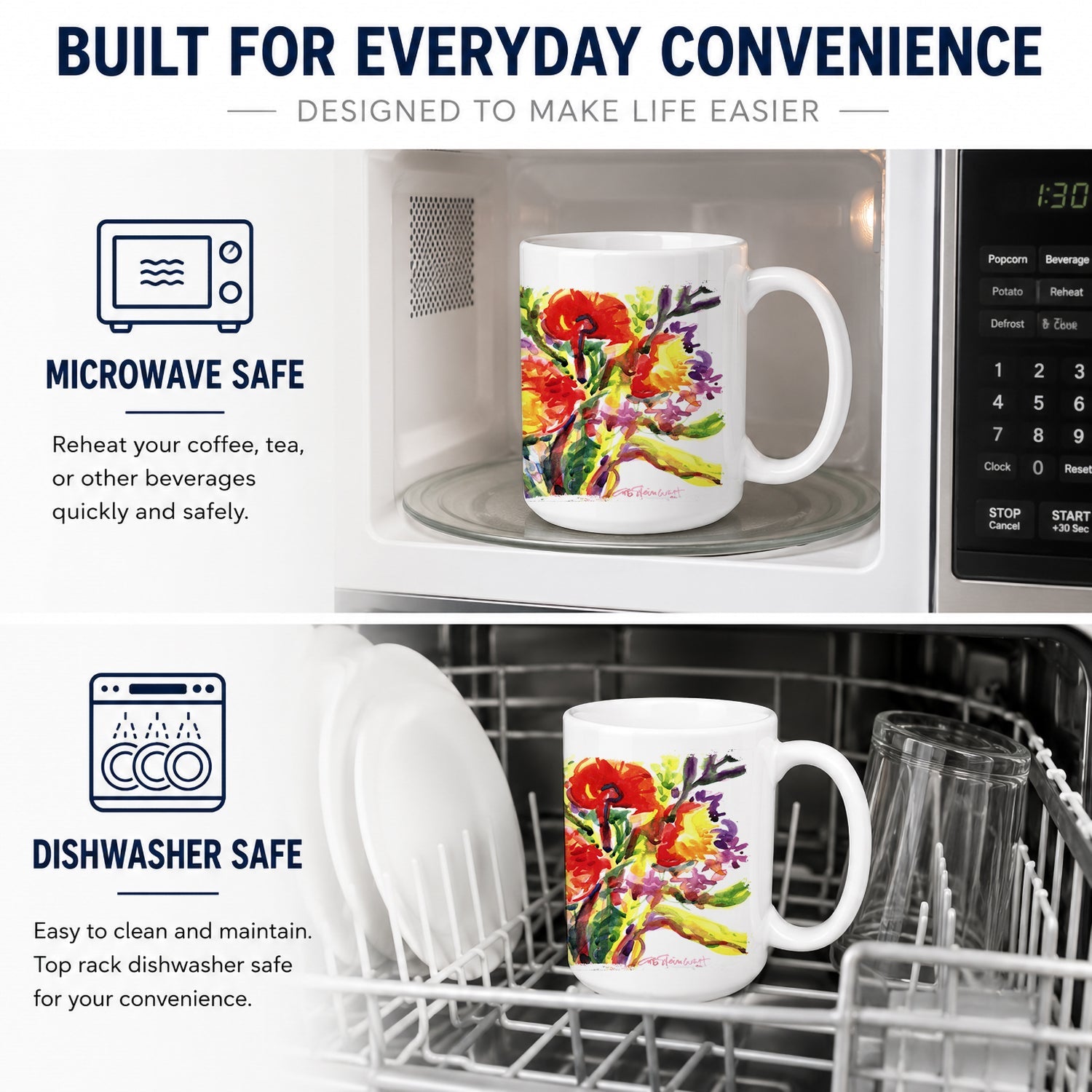 Flower Ceramic Coffee Mug 15 oz Decorative Large C Handle Mug Cup for Tea, Cocoa Hot Chocolate