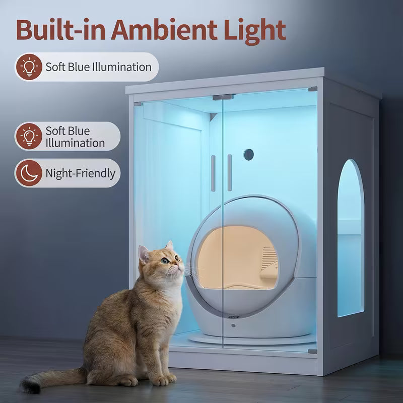 White Smart Litter Box Cabinet with Panoramic Glass Door & RGB Lighting – Self-Cleaning Litter Box Enclosure