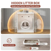 White Smart Litter Box Cabinet with Panoramic Glass Door & RGB Lighting – Self-Cleaning Litter Box Enclosure