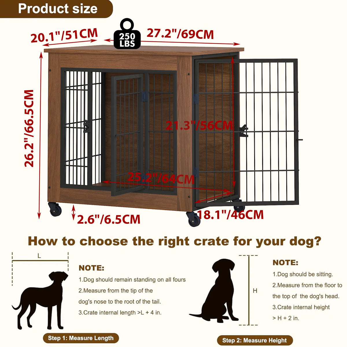 27.2" Dog Crate Furniture with Wheels for Small Dogs, Heavy Duty Dog Kennel Indoor with 2 Doors, Wooden Pet Cage End Tab