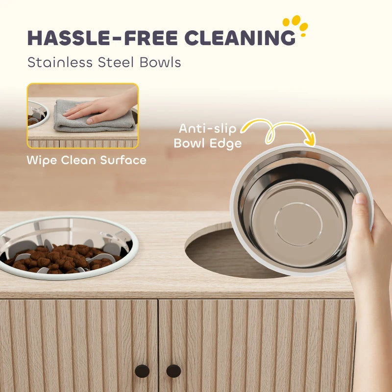 Elevated Dog Bowl, Large Feeding Dog Bowl Stand With 2 Stainless Steel Bowls, Storage Drawer, And Slow Feeder Mat.