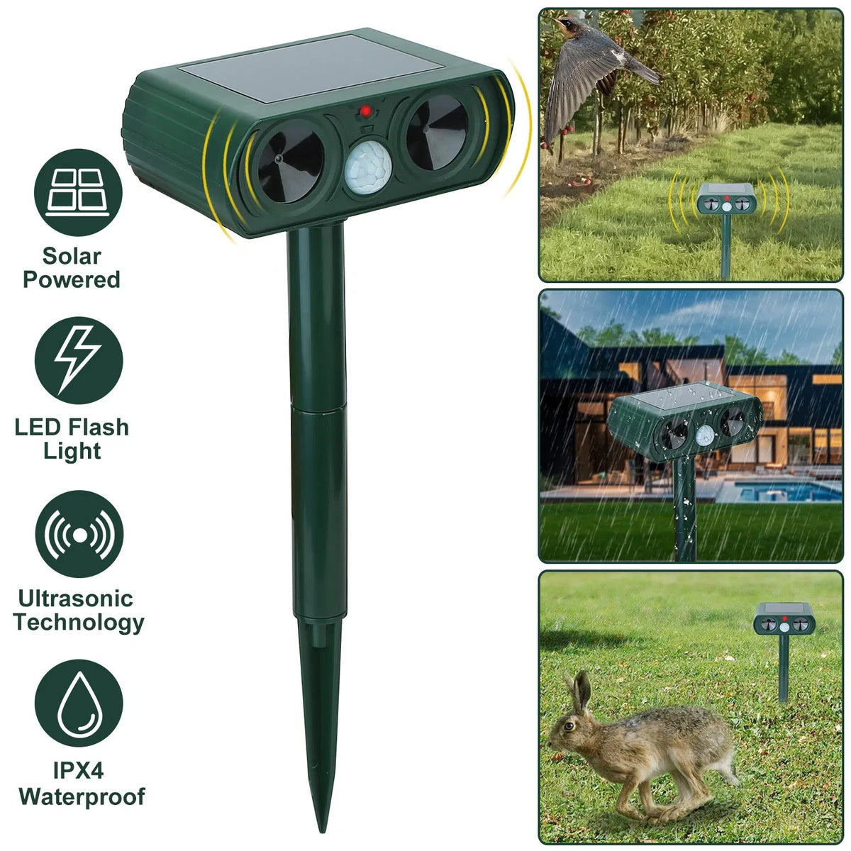 Ultrasonic Animal Repeller Solar Powered Motion Sensor Repellent IPX4 Waterproof Outdoor For Farm Garden Yard Repelling 