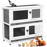 2 Story Solid Wood Rabbit Hutch Bunny Cage with 2 Large Main Rooms, Indoor Outdoor Rabbit House Guinea Pig Cage Pet Hous