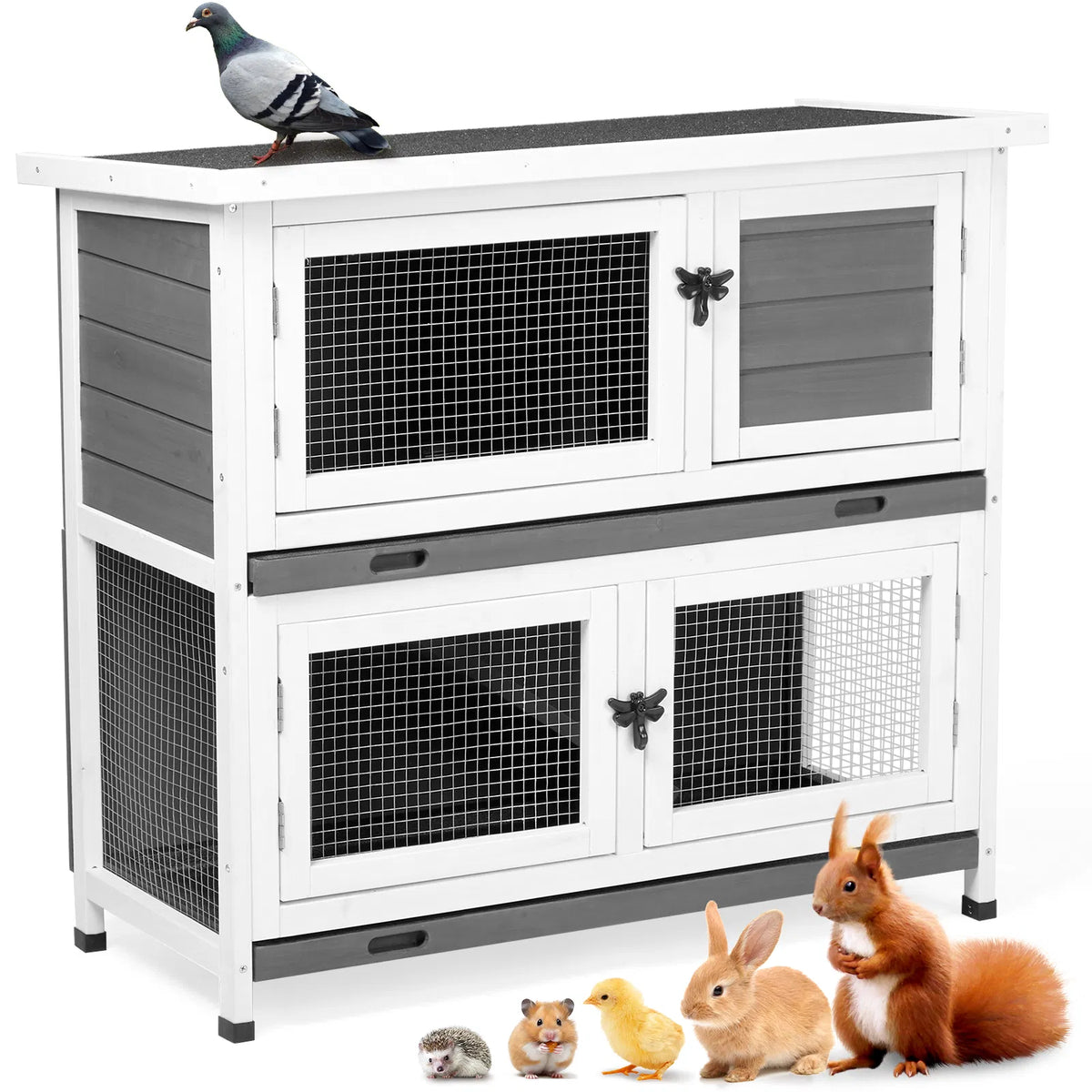2 Story Solid Wood Rabbit Hutch Bunny Cage with 2 Large Main Rooms, Indoor Outdoor Rabbit House Guinea Pig Cage Pet Hous