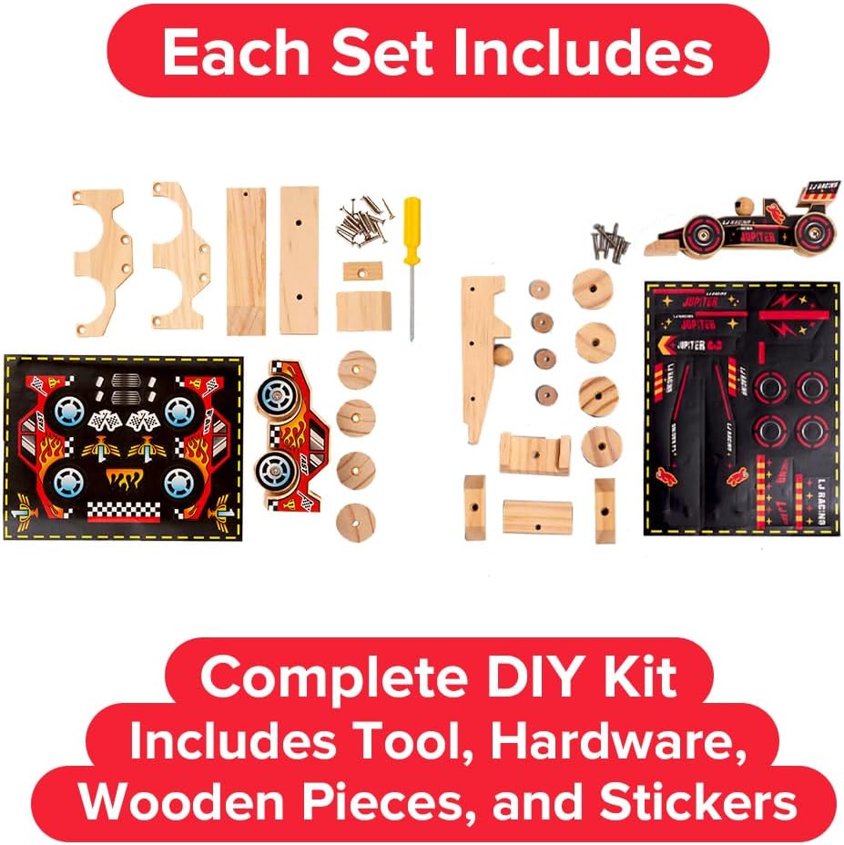 Little Jupiter DIY Wooden Kits w/Stickers, Kids Building Kit - Open and Closed Wheel Race Cars - image 3