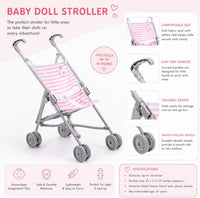 JC Toys Boutique | Folding Umbrella Doll Stroller for Children 2 Years Plus, Blue Stripes and Soft - image 4