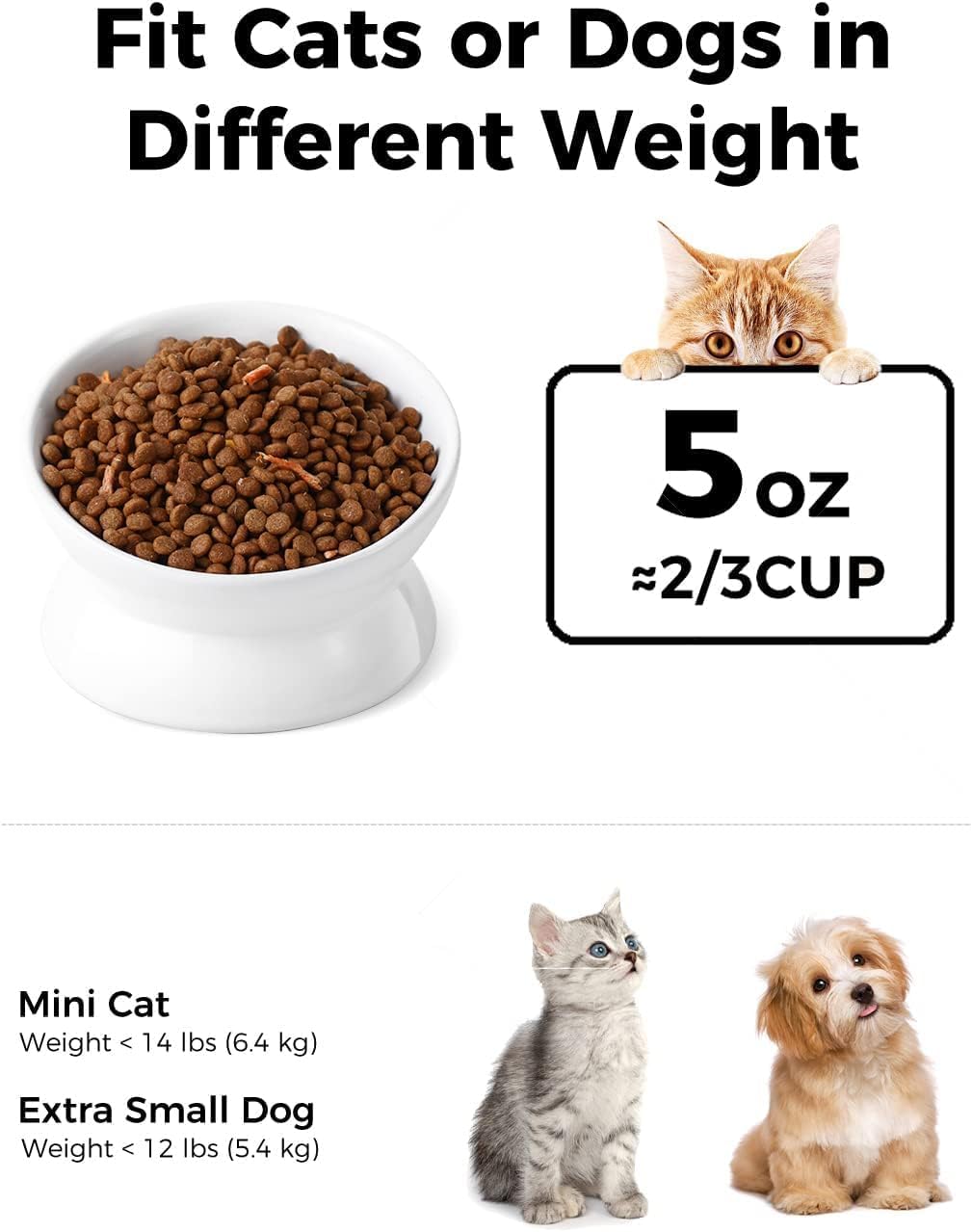 Elevated Cat Food Bowl, 5 Oz Ceramic Raised and Tilted Water Bowl, Anti Vomiting and Protect Pets' - White / 5 OZ - 4 Pack - image 2