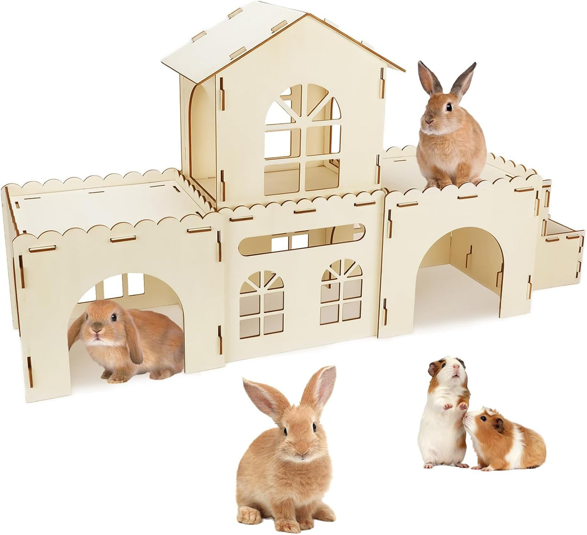 Large Wooden Bunny Hideout - 4 House and 1 Ladder