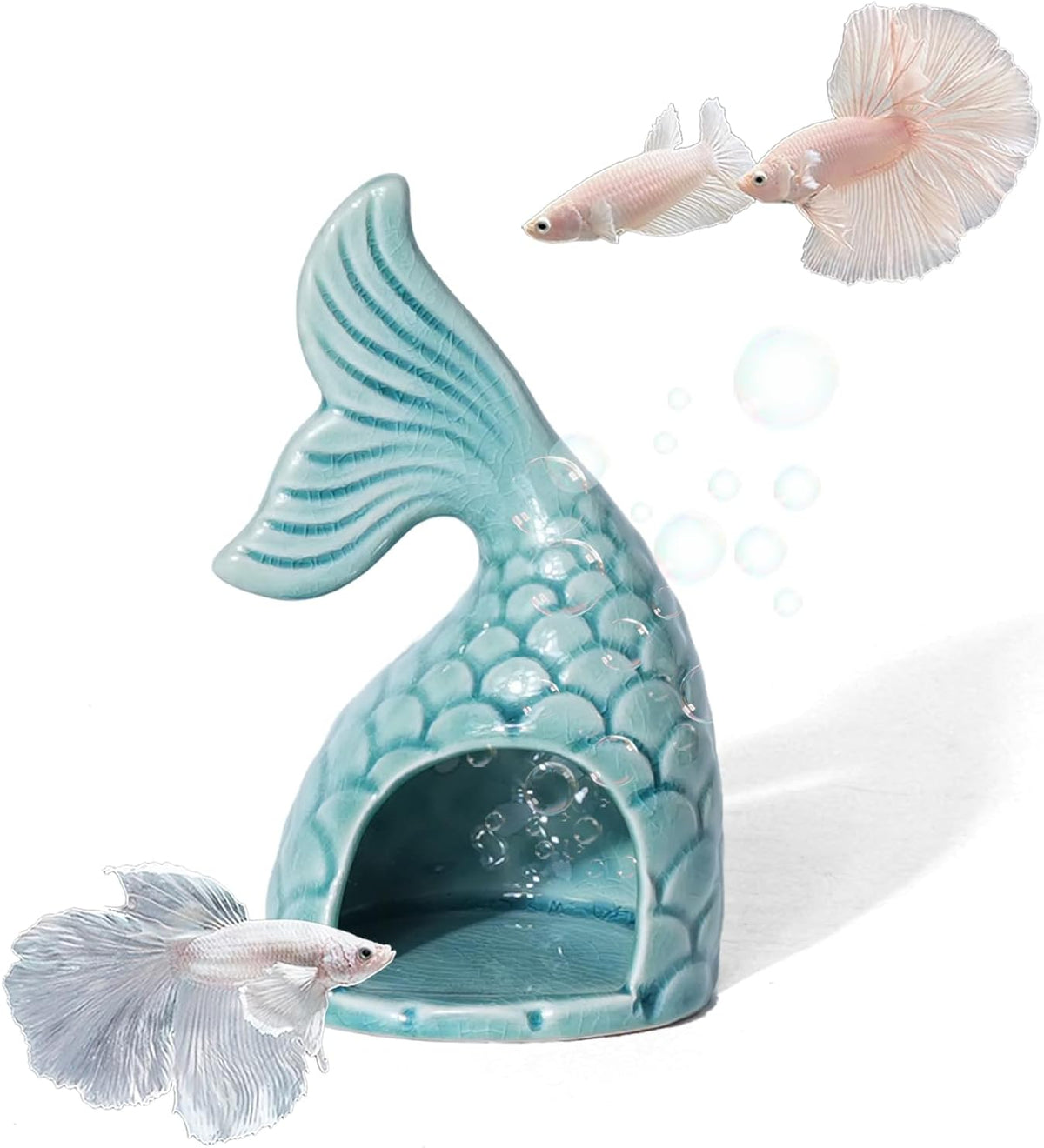 Pink Aquarium Decor Ceramic Cute Strawberry Betta Fish Tank Cave – Essentials for Fish - Fish Tail-blue / Fish Tail