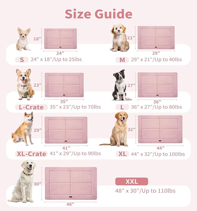 Made4Pets Dog Crate Pad Bed for Extra Large Dogs, Washable & Reversible, Anti-Slip Kennel Mat for Cozy Sleeping, Soft Fluffy Dog Bed for Indoor & Outdoor Use, 48"x30", Pink