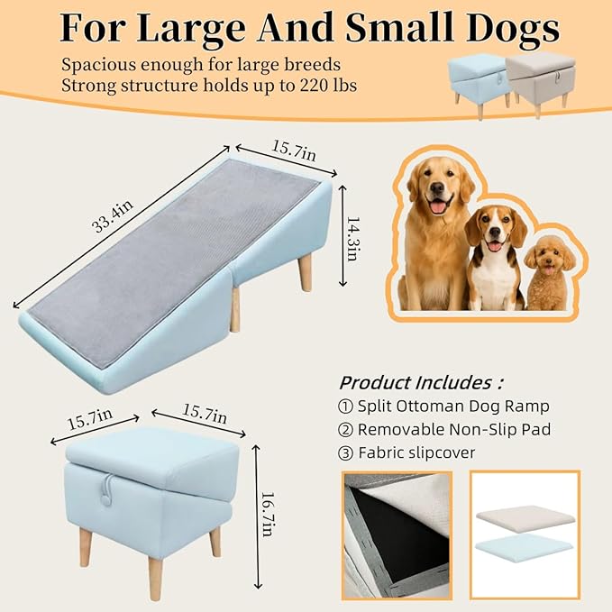 Split Ottoman Dog Ramp, Folding Pet Ramps Stairs for Couch, Pet Ramps Stairs for Small and Large Dogs, Holds up to 220 lbs (Blue - 2 Pads & 2 Covers, One Size)