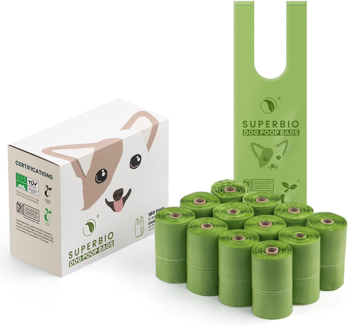 SUPERBIO Handle Tie Dog Poop Bags, 12 Rolls