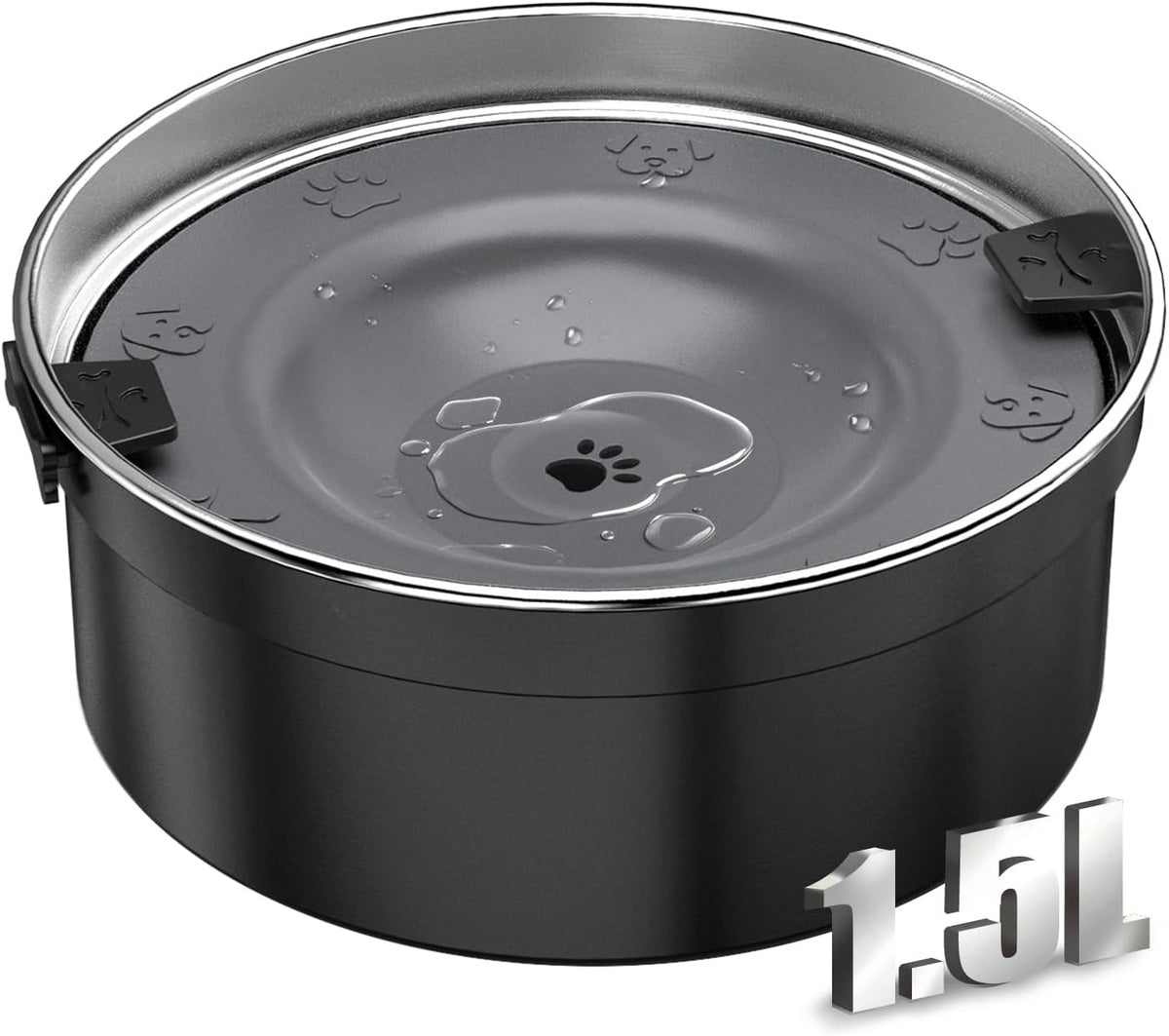 Dog Water Bowl No Spill, 1.5L/50oz Stainless Steel Slow Water Bowl for Dogs, Spill Proof Dog Bowl - Black