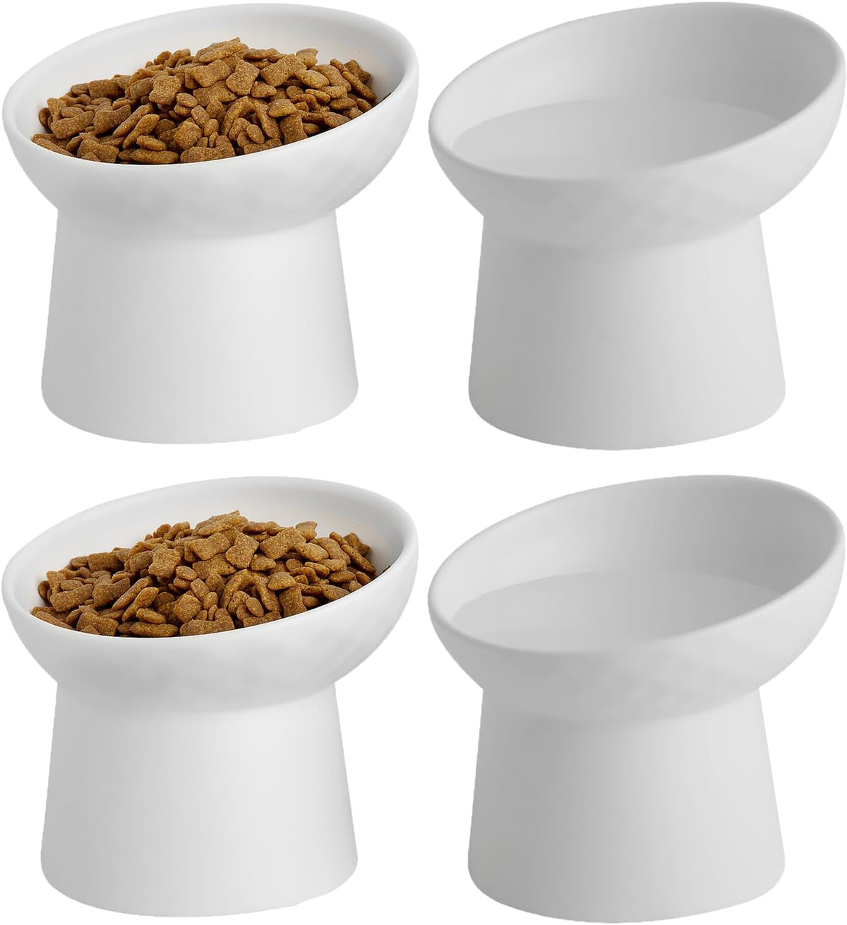Elevated Cat Bowls, 15° Tilted Ceramic Raised Cat Food and Water Bowl Set, Whisker-Friendly - White / 5.2 Inch (Pack of 4)