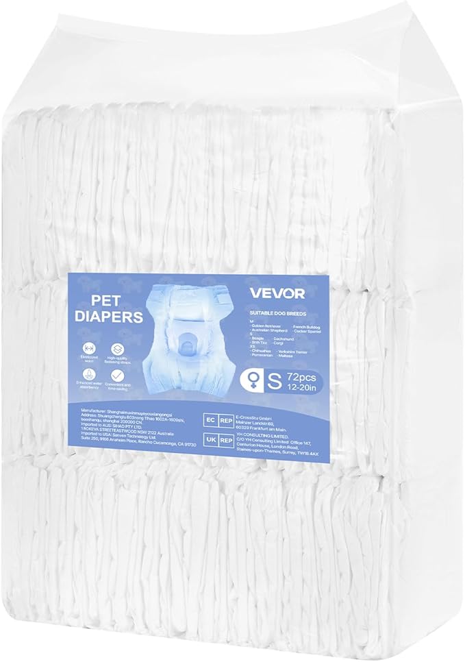 VEVOR Disposable Dog Diapers, Super Absorbent Female Dog Diapers, 360° Leak-Proof Female Doggy Pet Diaper with Wetness Indicator for Heat Period, Training, Incontinence - XS, 144 Count (2 Packs of 72)