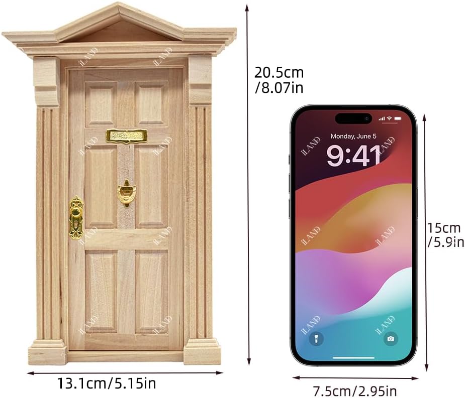 iLAND 1:12 scale unfinished wooden dollhouse door with 3D acrylic windowpane and gold handle - view 9
