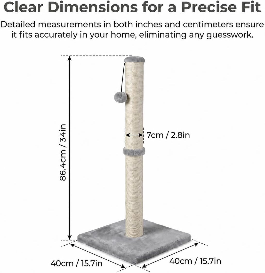 Dimaka Tall Cat Scratching Post Tree Scratcher with Sisal Rope - Grey / 34 inches for Large Cats - image 2