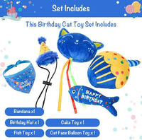 BINGPET Cat Birthday Catnip Toys for Indoor Cats,Cat Birthday Hat,Bandana and Cat Birthday Cake Interactive Plush Kitten Chew Toys,Cute Fish,Balloon Toys with Crinkle Paper and Catnip Inside(Blue)