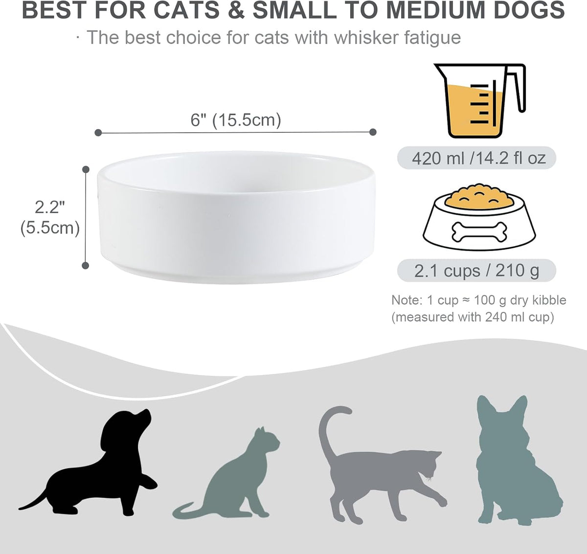 Ceramic Dog Bowl for Food and Water - Medium-Low / White - image 2