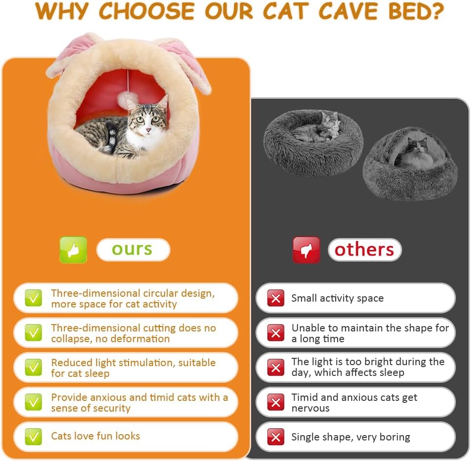 Cat Beds for Indoor Cats-Rabbit-Shaped Cat Cave Bed with Hanging Toy - Rabbite Pink / Rabbite / M - image 2