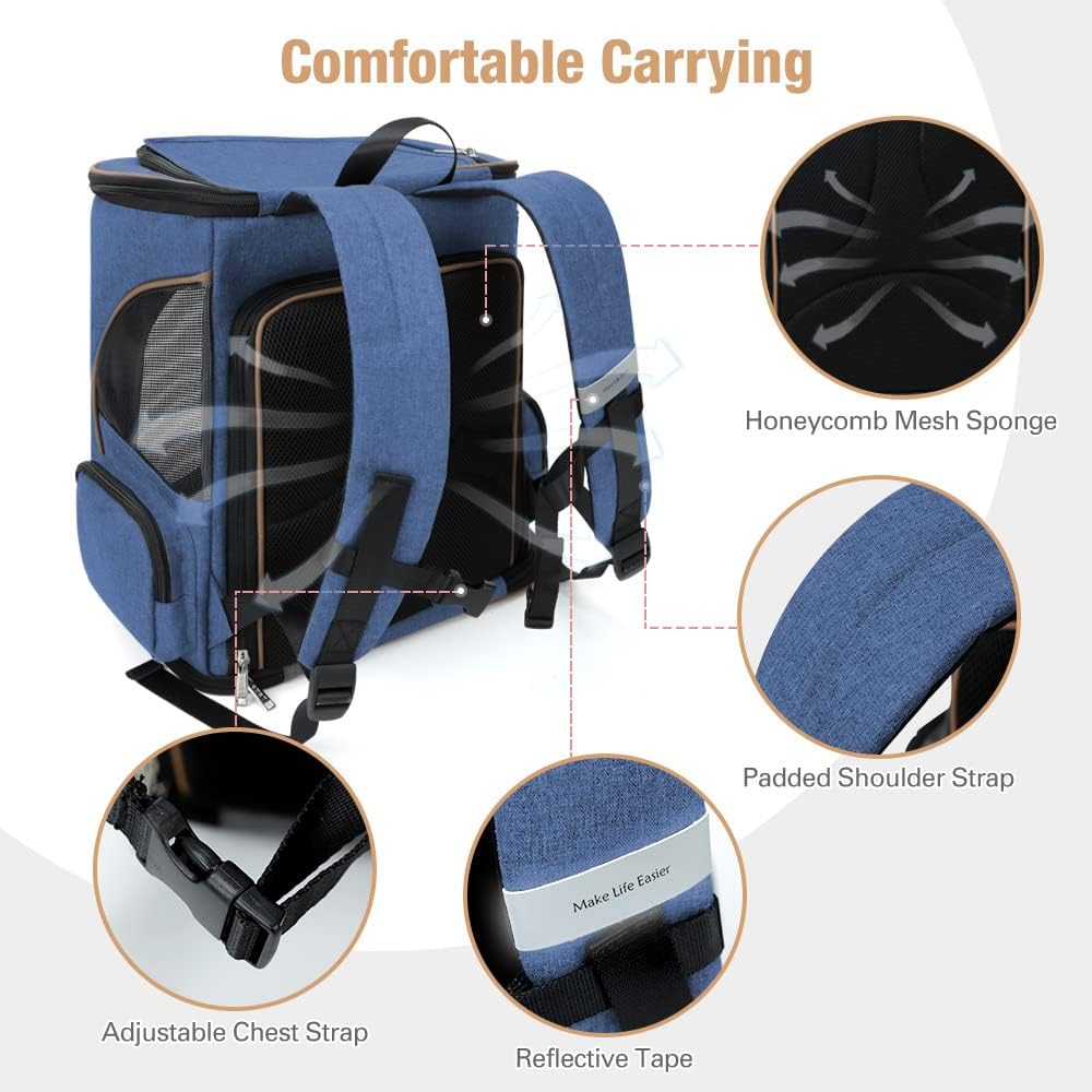 Lekereise Cat Backpack Expandable Pet Carrier Backpack for Small Cats - Blue / XL-Mesh Window - image 4