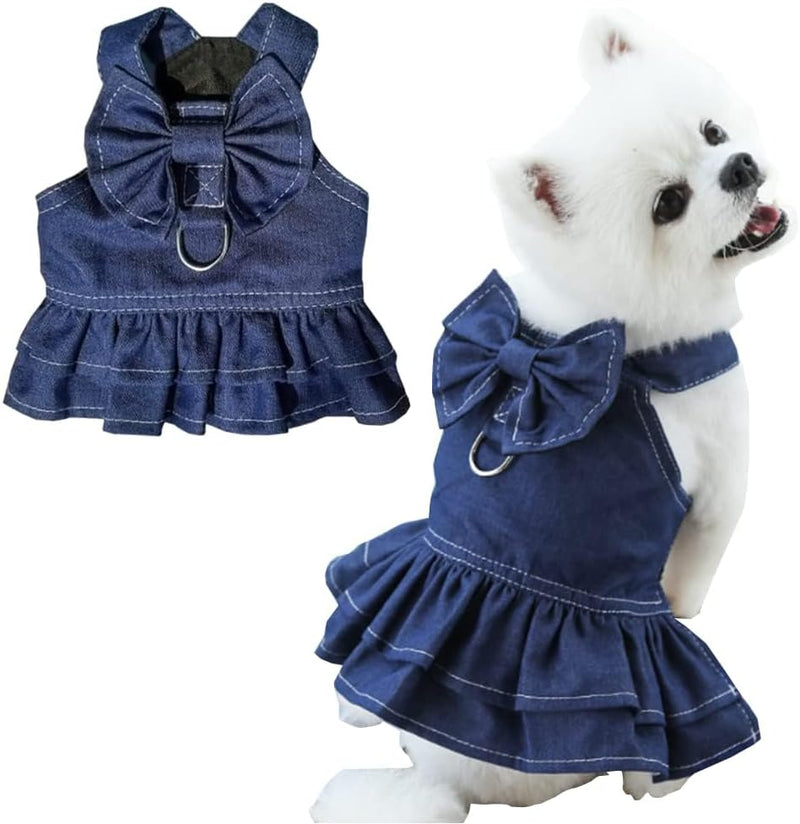 ANIAC Denim Dog Dresses for Small Dogs Puppy Girl Clothes with Leash - Denim Bow / XX-Large