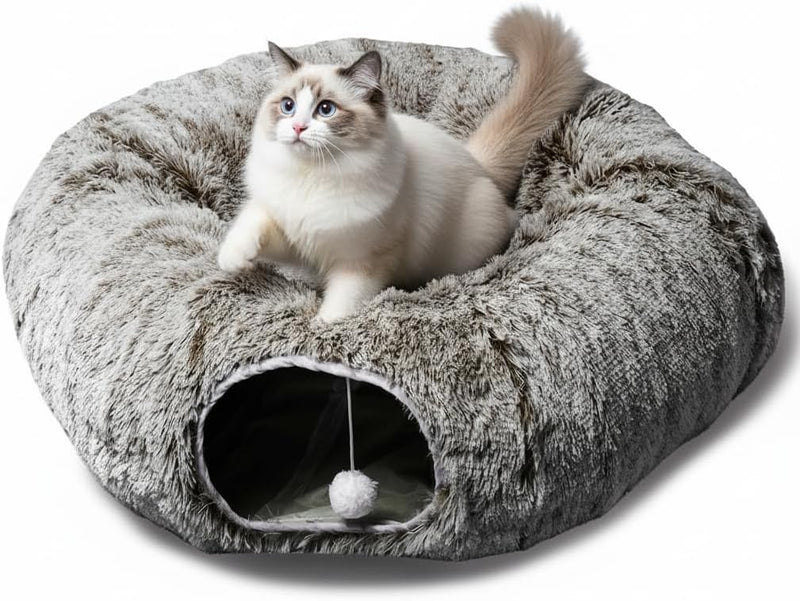 AUOON Cat Donut Tunnel with Bed for Kitten Puppy Rabbit Ferret - Brown